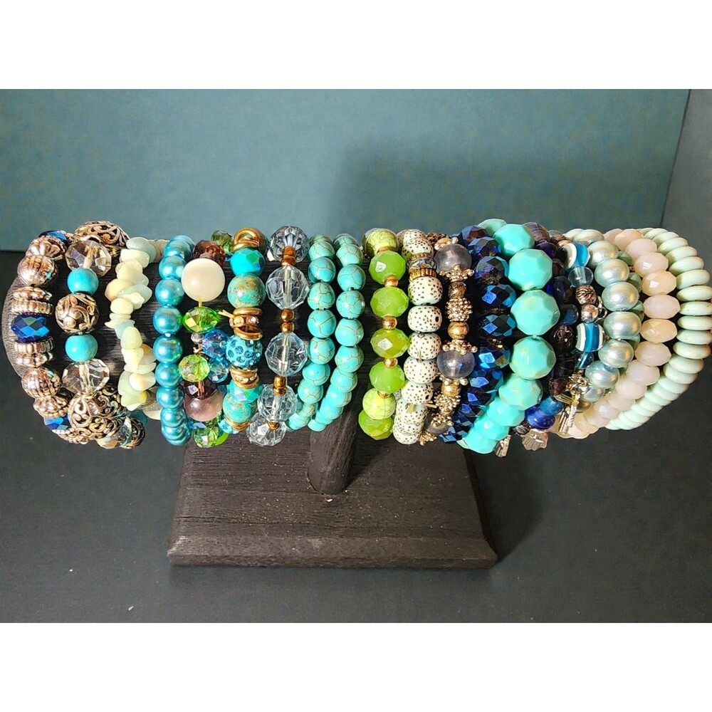 20 Pc Blue Stretch Bracelet Lot - Faux Turquoise Crystal Boho Hamsa Stack - Picture 3 of 3